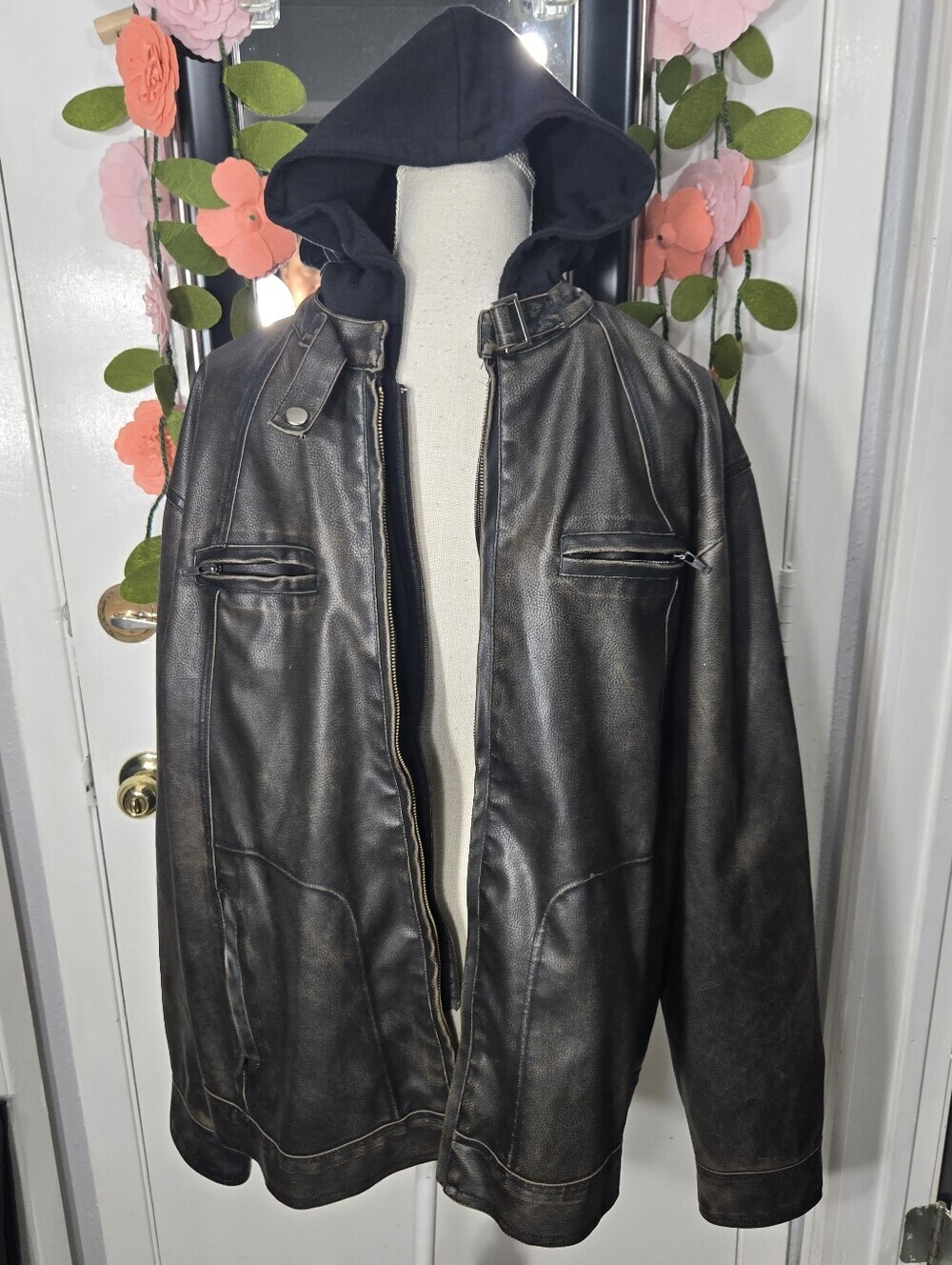 Vintage Leather Jacket With Hoodie XXL Brown 100% Leather